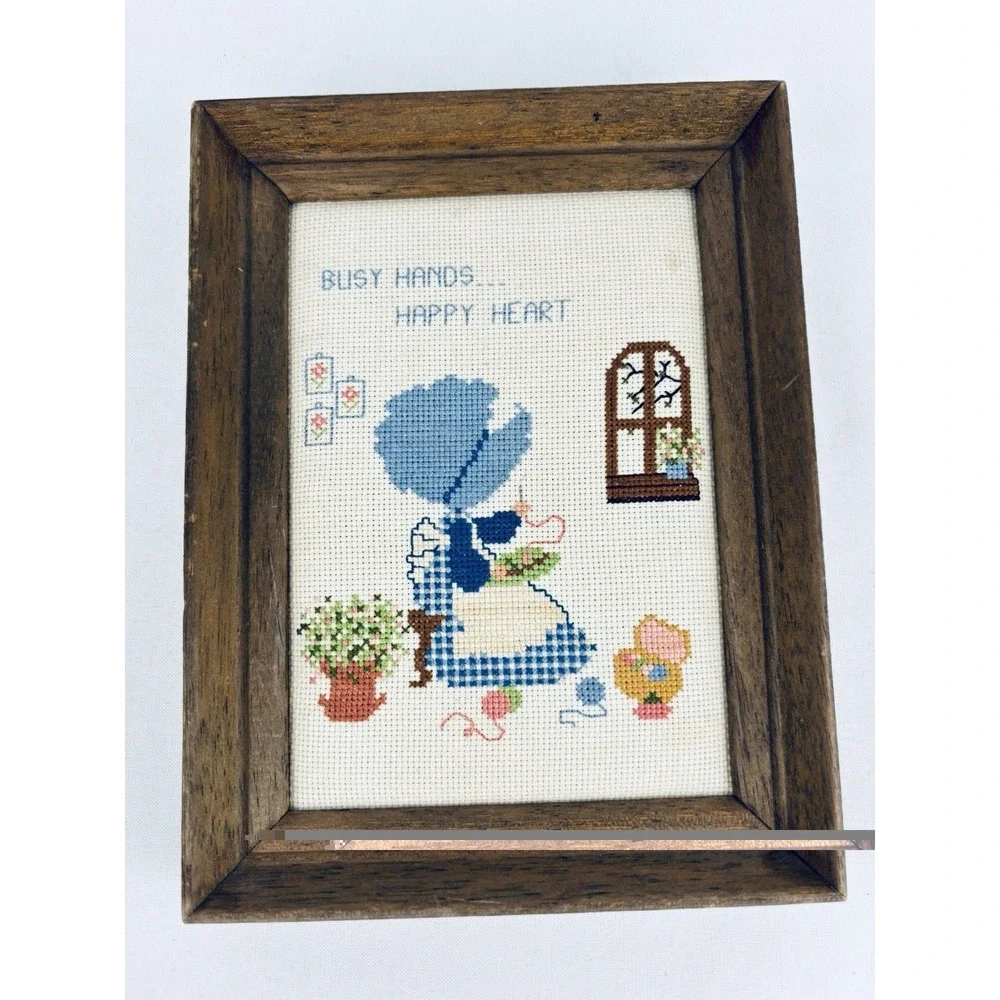 Vintage Picture Framed Cross Stitch Handmade Bonnet Girls Busy Hands Happy Heart